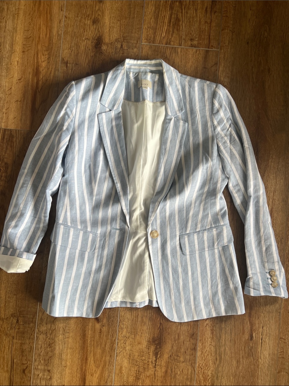 LOFT Light Blue and White Striped Blazer